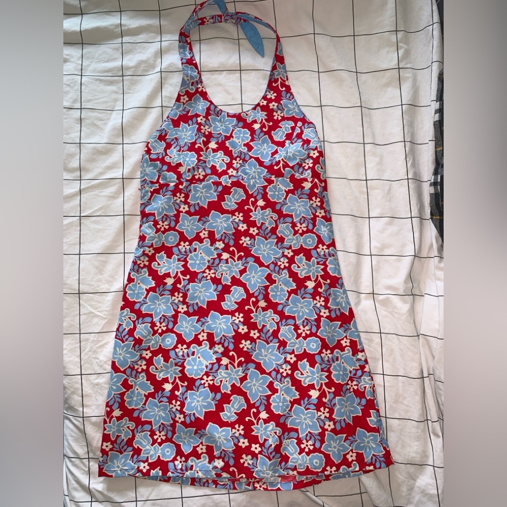 REVERSIBLE floral pattern/light blue womens halter neck dress